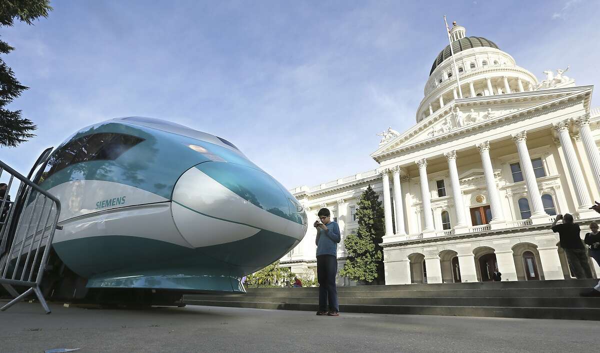 A full-scale mock-up of a high-speed train outside the State Capitol in Sacramento.