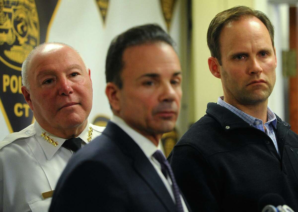 From left; Bridgeport Police Chief A.J. Perez, Mayor Joe Ganim, and detective bureau head Captain Brian Fitzgerald address the media at police headquarters over the Tuesday night killing of 12-year-old Clinton Howell.