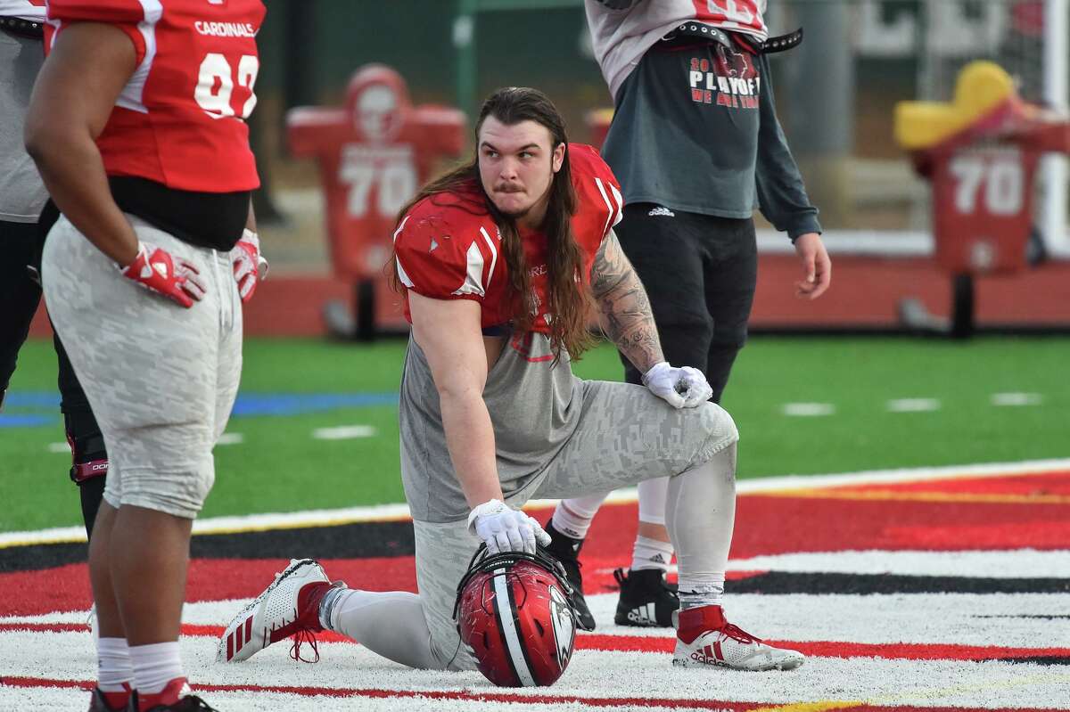 Defensive end Lukas Termin during spring football practice for the University of the Incarnate Word at Benson Stadium.