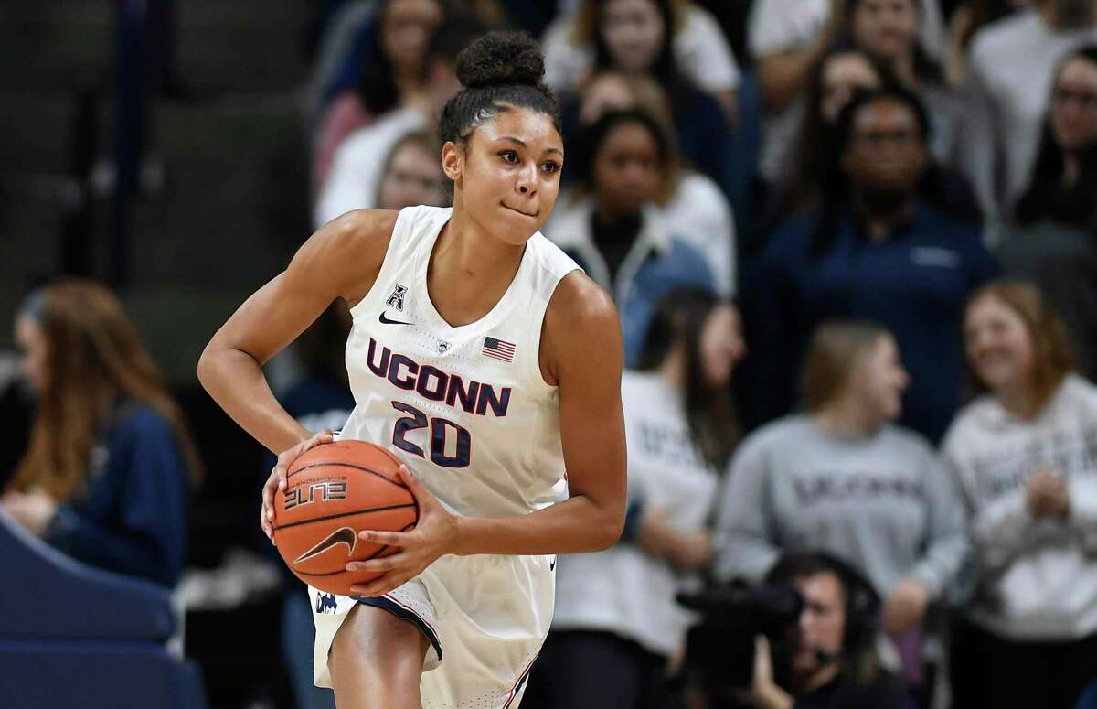 Connecticut's Olivia Nelson-Ododa during an NCAA college basketball game, Thursday, Jan. 24, 2019, in Storrs, Conn. (AP Photo/Jessica Hill)