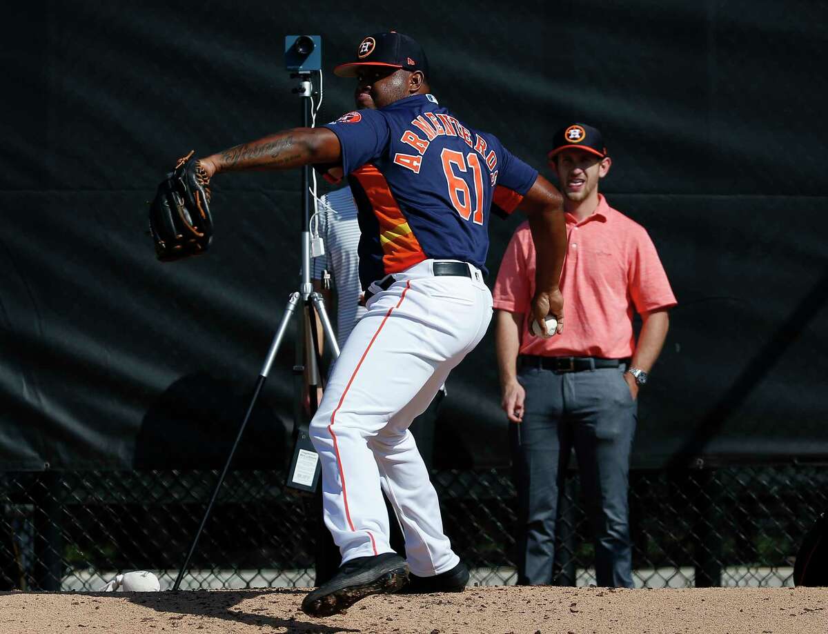 Houston Astros right handed pitcher Rogelio Armenteros (61) pitches at bullpen at Fitteam Ballpark of The Palm Beaches on Day 3 of spring training on Saturday, Feb. 16, 2019, in West Palm Beach.
