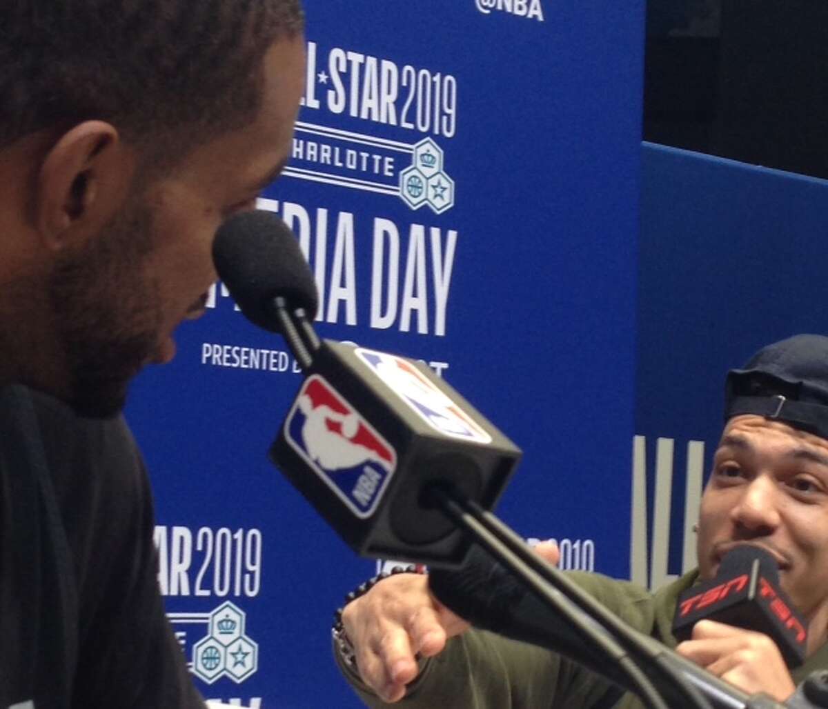 Danny Green interviews his former Spurs teammate LaMarcus Aldridge on Saturday at NBA All-Star Weekend in Charlotte.
