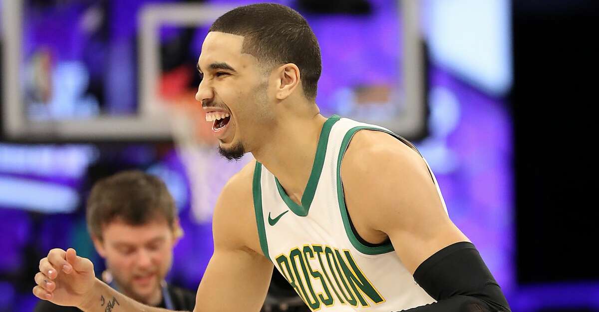 CHARLOTTE, NORTH CAROLINA - FEBRUARY 16: Jayson Tatum #0 of the Boston Celtics celebrates during the Taco Bell Skills Challenge as part of the 2019 NBA All-Star Weekend at Spectrum Center on February 16, 2019 in Charlotte, North Carolina. (Photo by Streeter Lecka/Getty Images)
