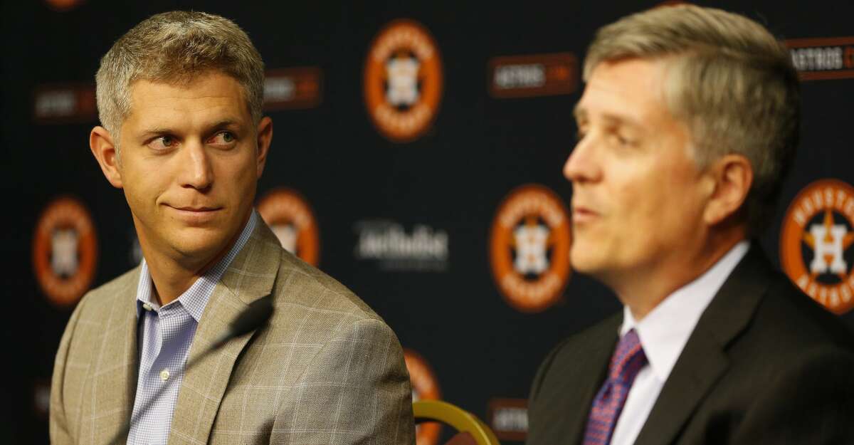 Astros General Manager Jeff Luhnow and Director of Amateur Scouting Mike Elias speak to the media about the 2015 First-Year Player Draft during a press conference before the start of an MLB game at Minute Maid Park on Thursday, June 4, 2015, in Houston. ( Karen Warren / Houston Chronicle )