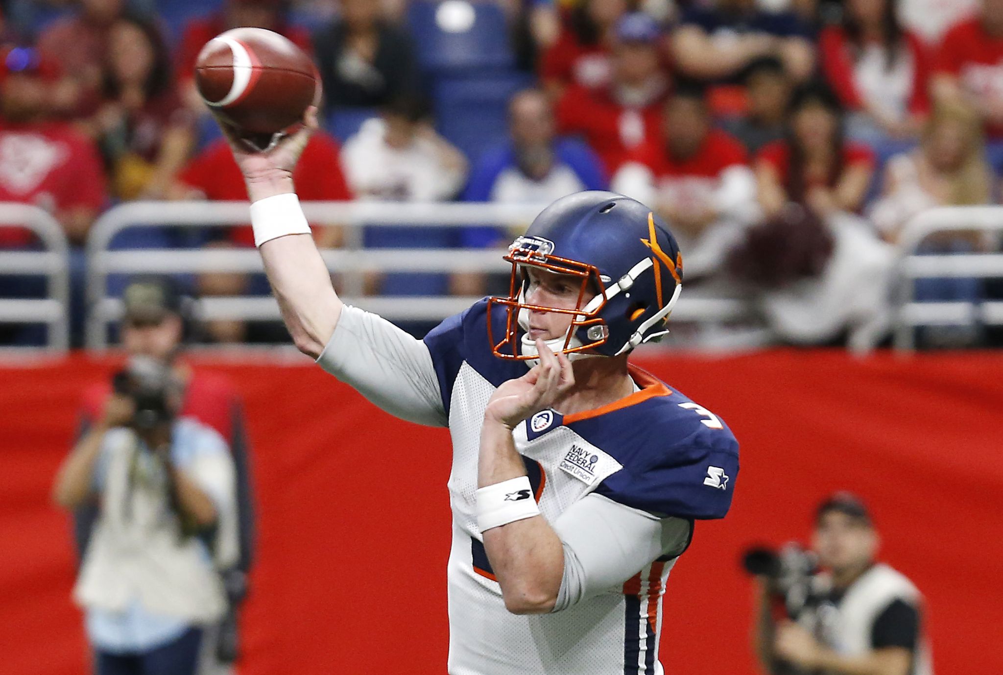 SAN ANTONIO, TX - FEBRUARY 17: San Antonio Commanders linebacker Nick  Temple (55) gets ready for a play during the AAF game between the Orlando  Apollos and the San Antonio Commanders on