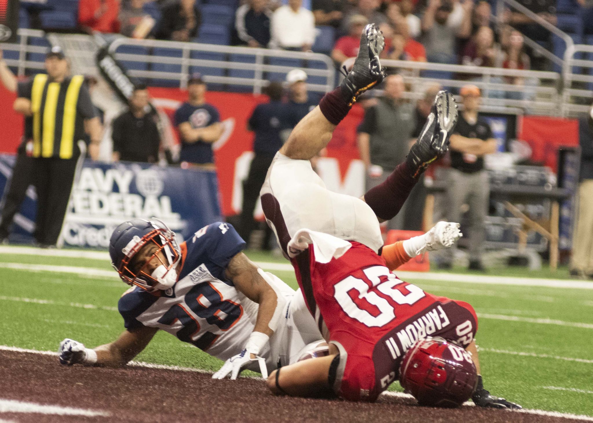 SAN ANTONIO, TX - FEBRUARY 17: San Antonio Commanders linebacker Nick  Temple (55) gets ready for a play during the AAF game between the Orlando  Apollos and the San Antonio Commanders on