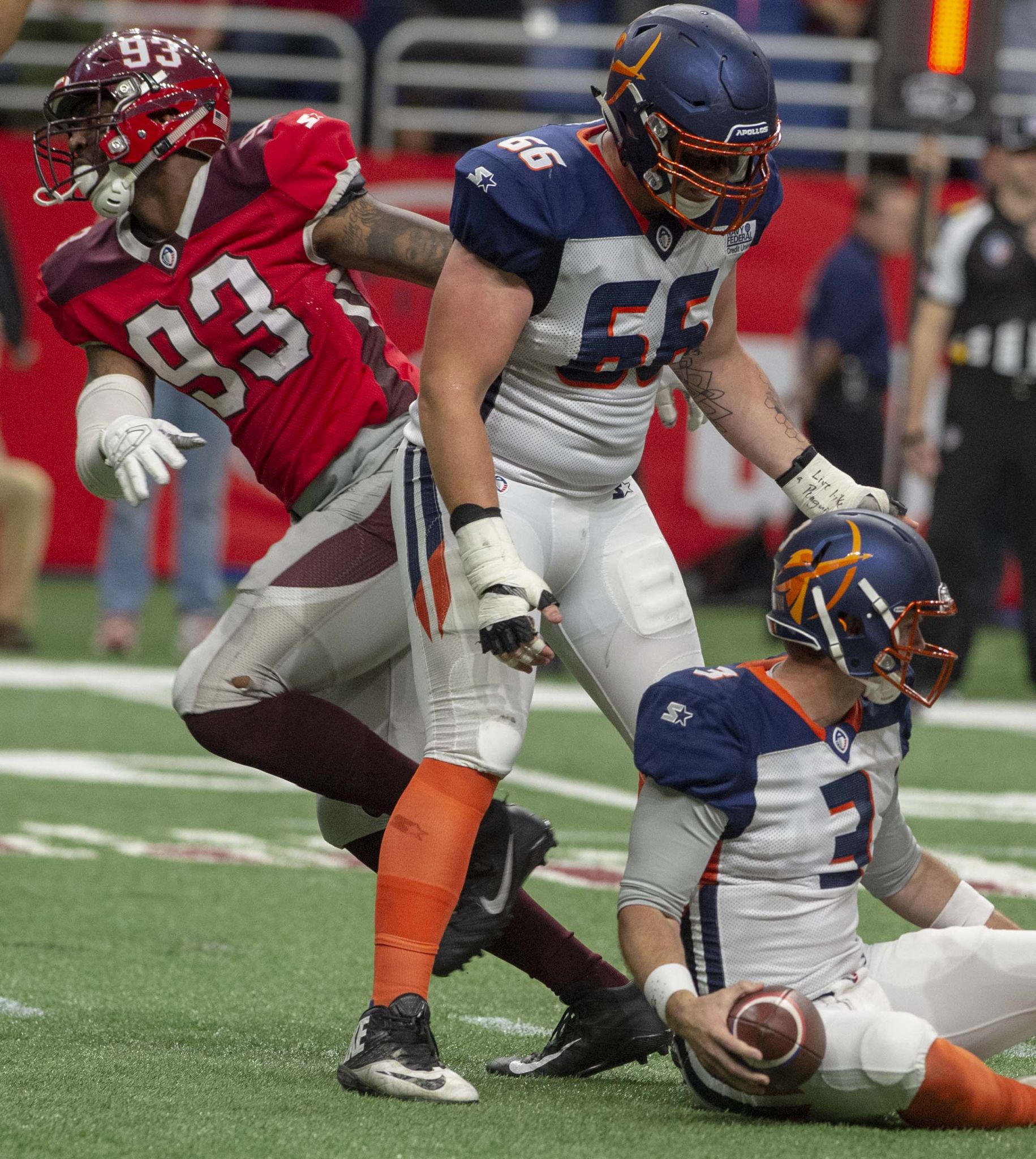 SAN ANTONIO, TX - FEBRUARY 17: San Antonio Commanders linebacker Nick  Temple (55) gets ready for a play during the AAF game between the Orlando  Apollos and the San Antonio Commanders on