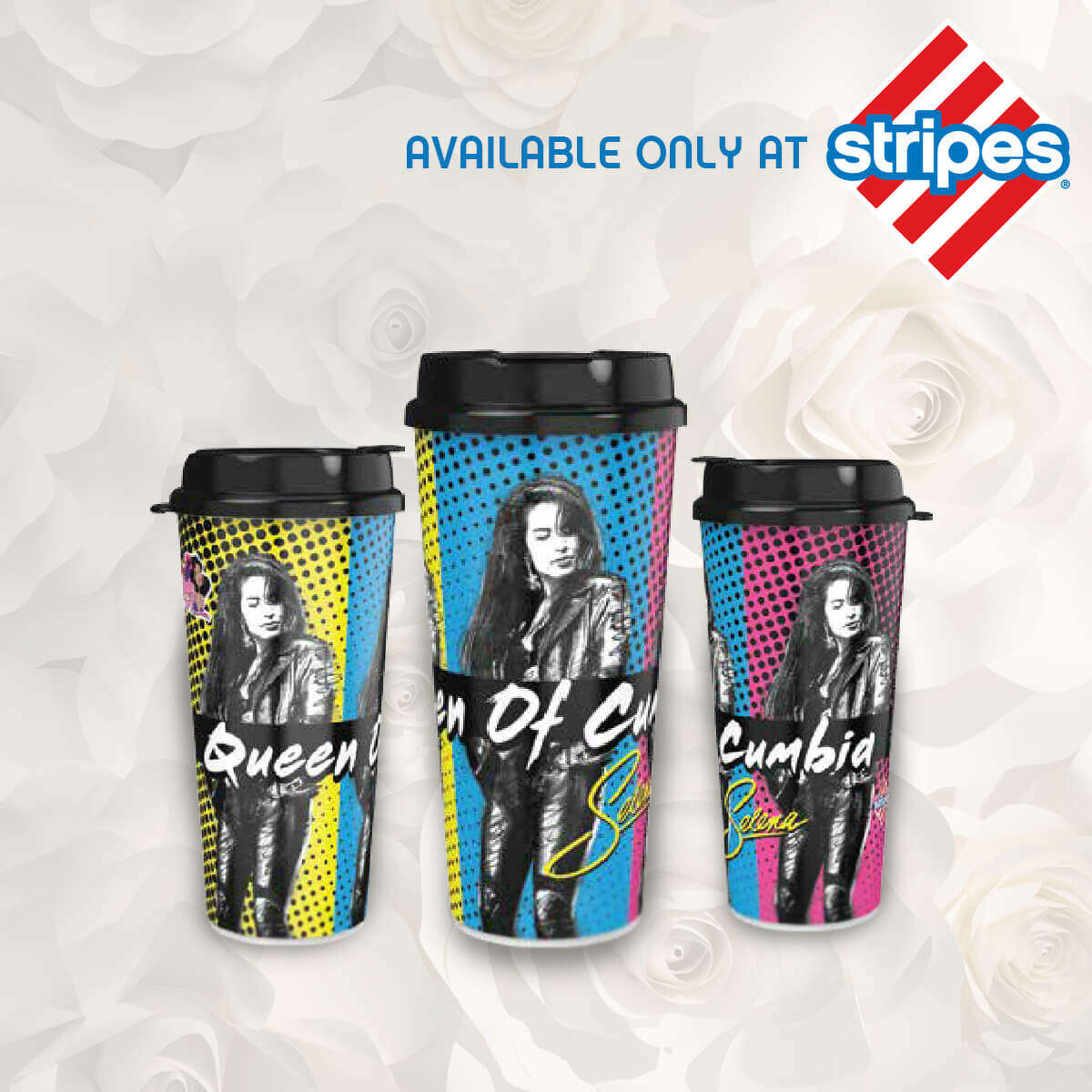 Stripes Stores worked with the beloved Tejano singer's family to design the 2019 set of limited-edition, collectible cups featuring Selena. Each of the commemorative cups in this year's trio are insulated to hold hot and cold beverages and will be sold for $3.99 a piece, according to a news release.