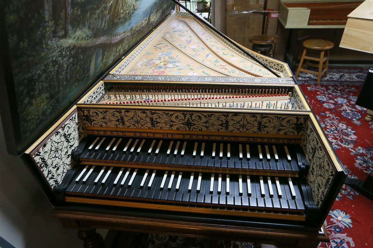 Gerald Self builds harpsichords — including this ornate Flemish-style instrument — in his home workshop.