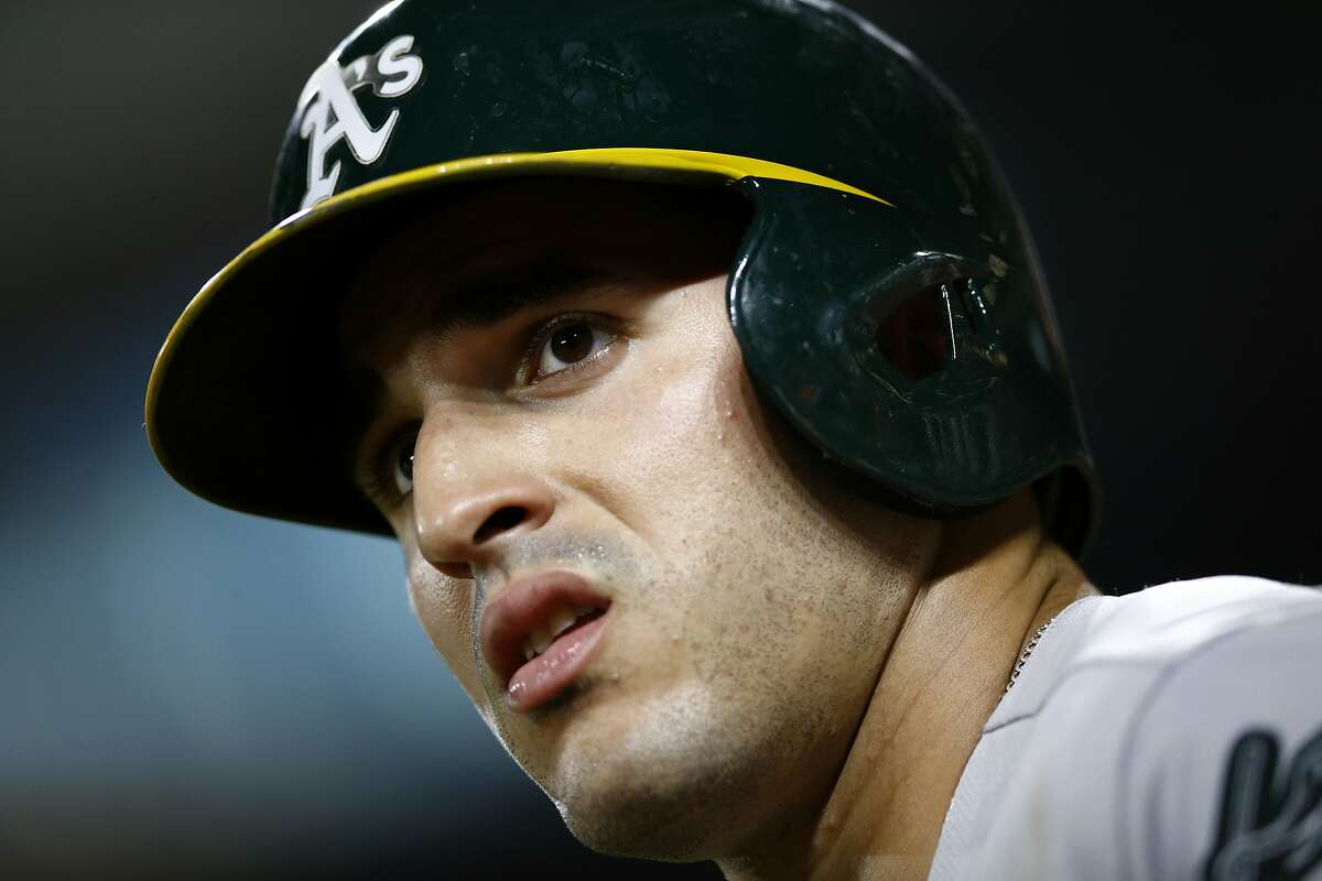 FILE - In this Sept. 12, 2018, file photo, Oakland Athletics' Ramon Laureano prepares for an at-bat during a baseball game against the Baltimore Orioles in Baltimore. Laser-armed rookie Ramon Laureano emerged as Oakland's center fielder for the final two months and batted .288 with five homers and 19 RBIs with seven stolen bases in 45 games. (AP Photo/Patrick Semansky, File)