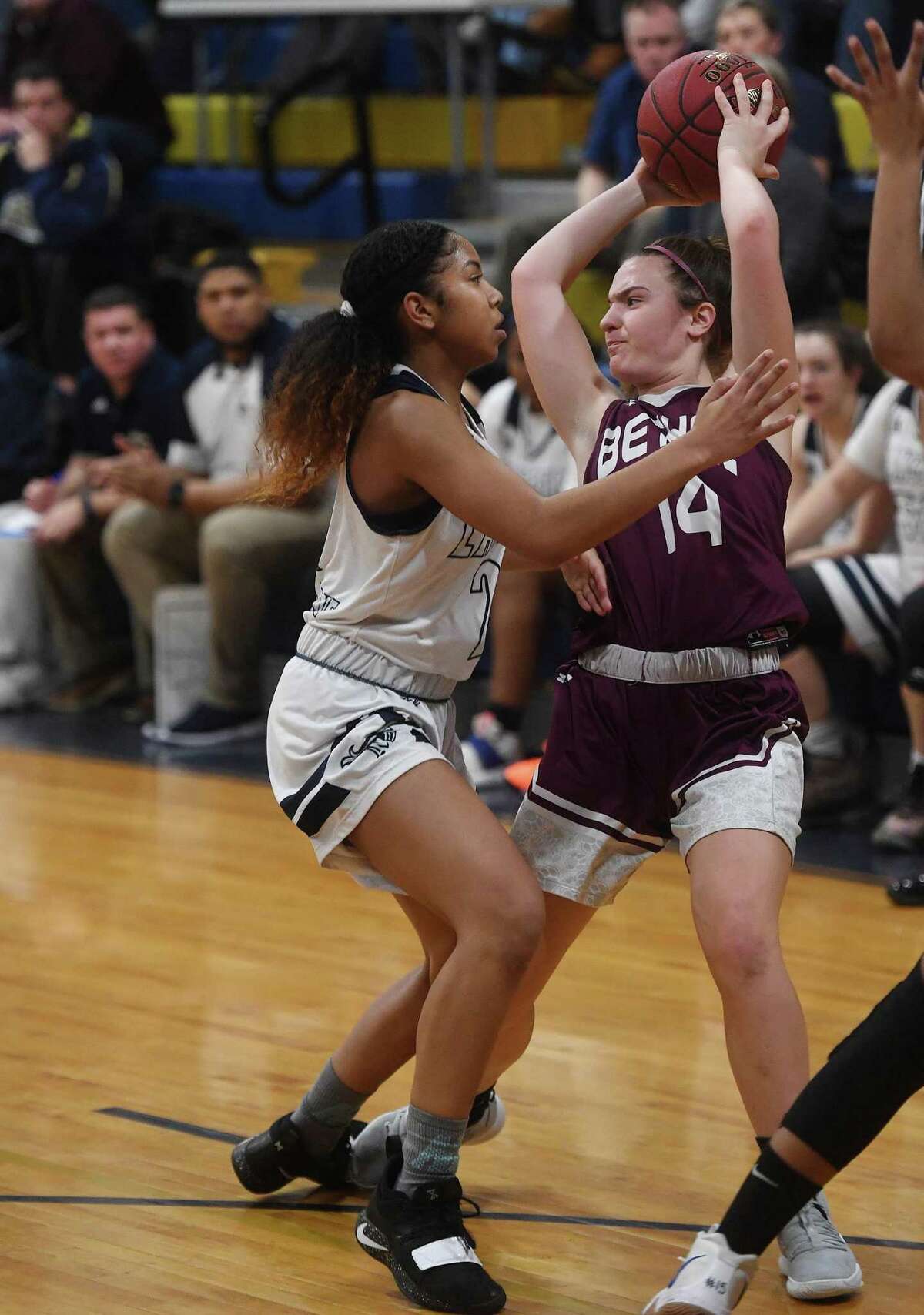 Notre Dame of Fairfield's Aizhanique Mayo pressures Bethel ball handler Brooke Lacey in the first half of their matchup in the SWC girls basketball tournament at Notre Dame High School in Fairfield, Conn. on Monday, February 18, 2019.