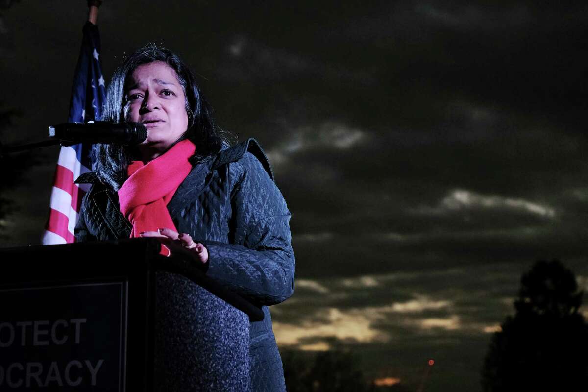 U.S. Rep. Pramila Jayapal (D-Wash.) speaks to a crowd gathered to protest President Trump's declaration of a national emergency to fund his border wall, Mon. Feb. 18, 2019, at Volunteer Park. The event was part of a National Day of Protest condemning what opponents of Trump are calling a manufactured crisis.