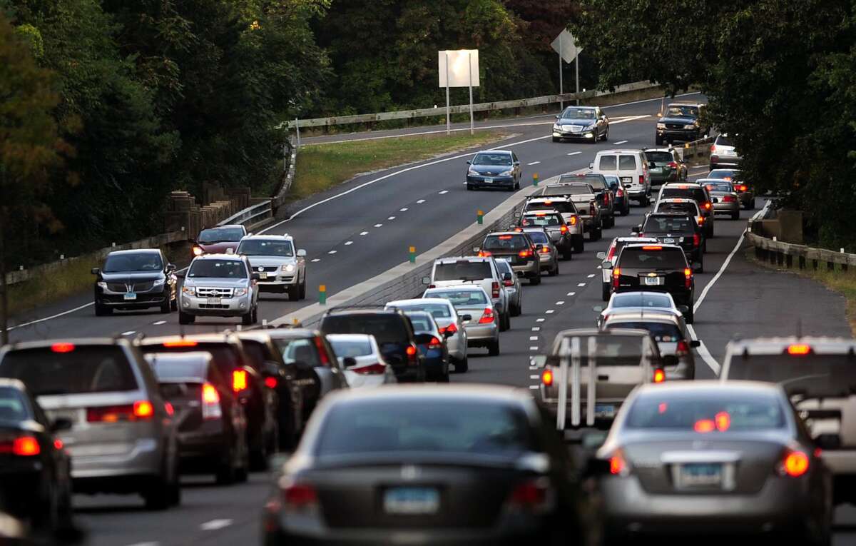 Rush hour traffic backs up in the northbound lanes of the Merritt Parkway near the Black Rock Turnpike exit in Fairfield, Conn. on Tuesday October 1, 2013.