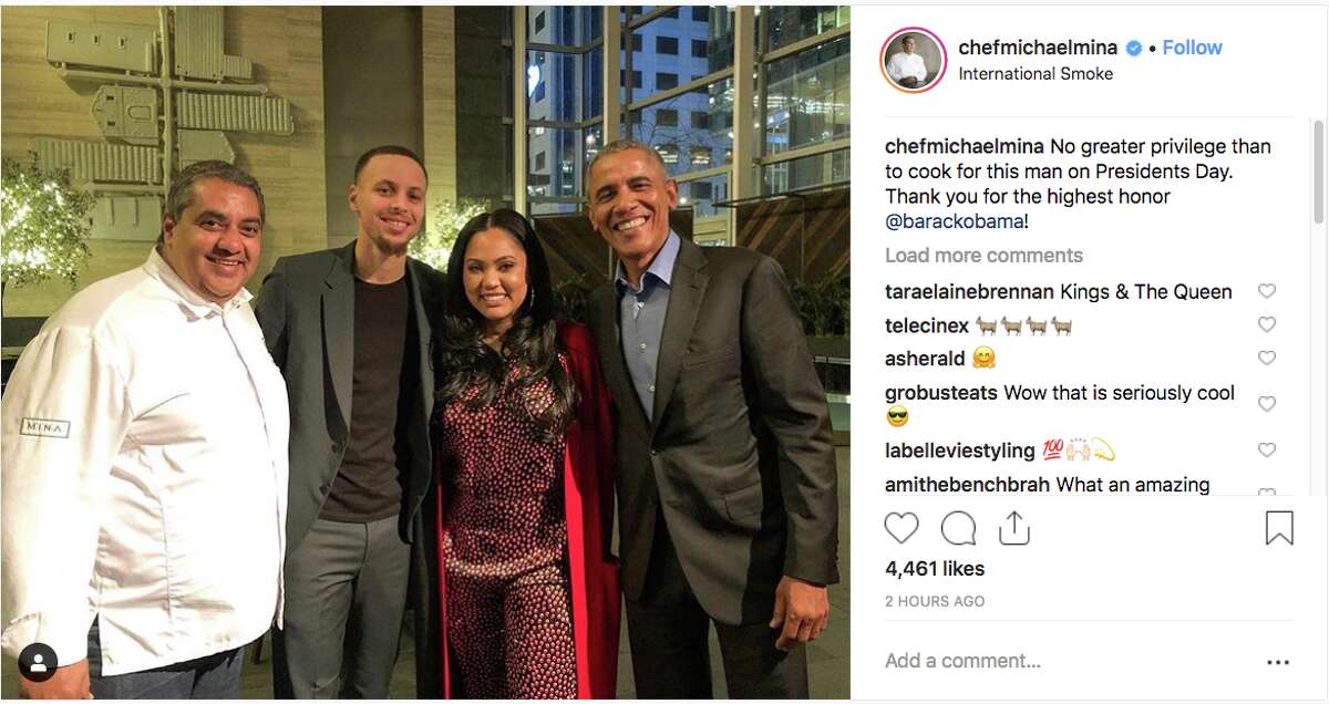 Former President Barack Obama dined at International Smoke in San Francisco, Calif., on Feb. 18, 2019. The restaurant is owned by celebrity chefs Michael Mina (pictured left) and Ayesha Curry, wife of Warriors star Steph Curry.