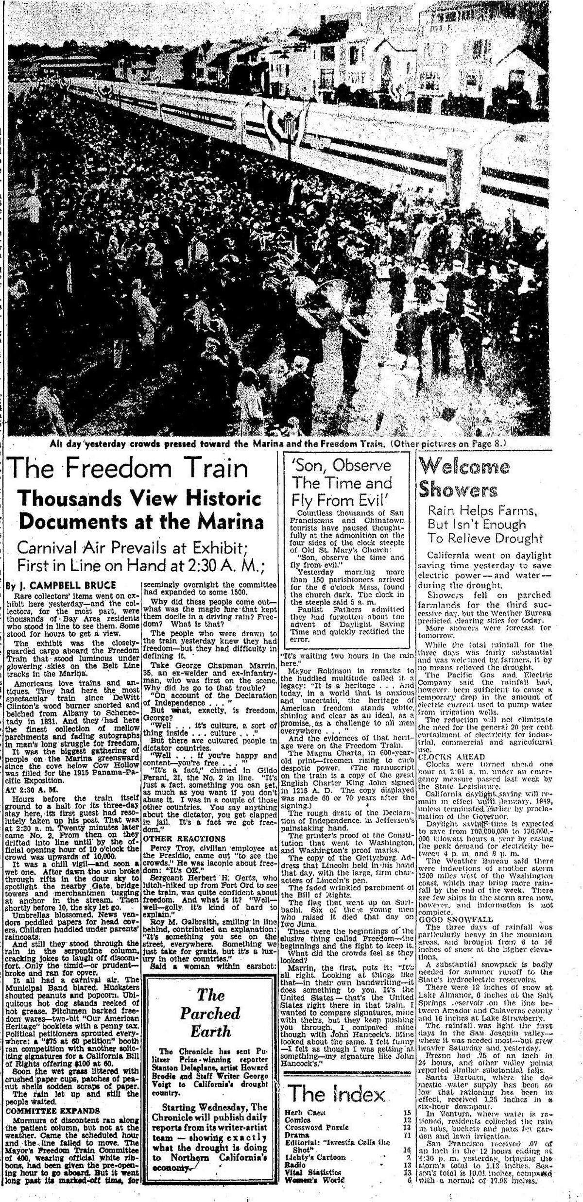 1948年3月15日，《纪事报》头版报道自由列车抵达滨海绿地