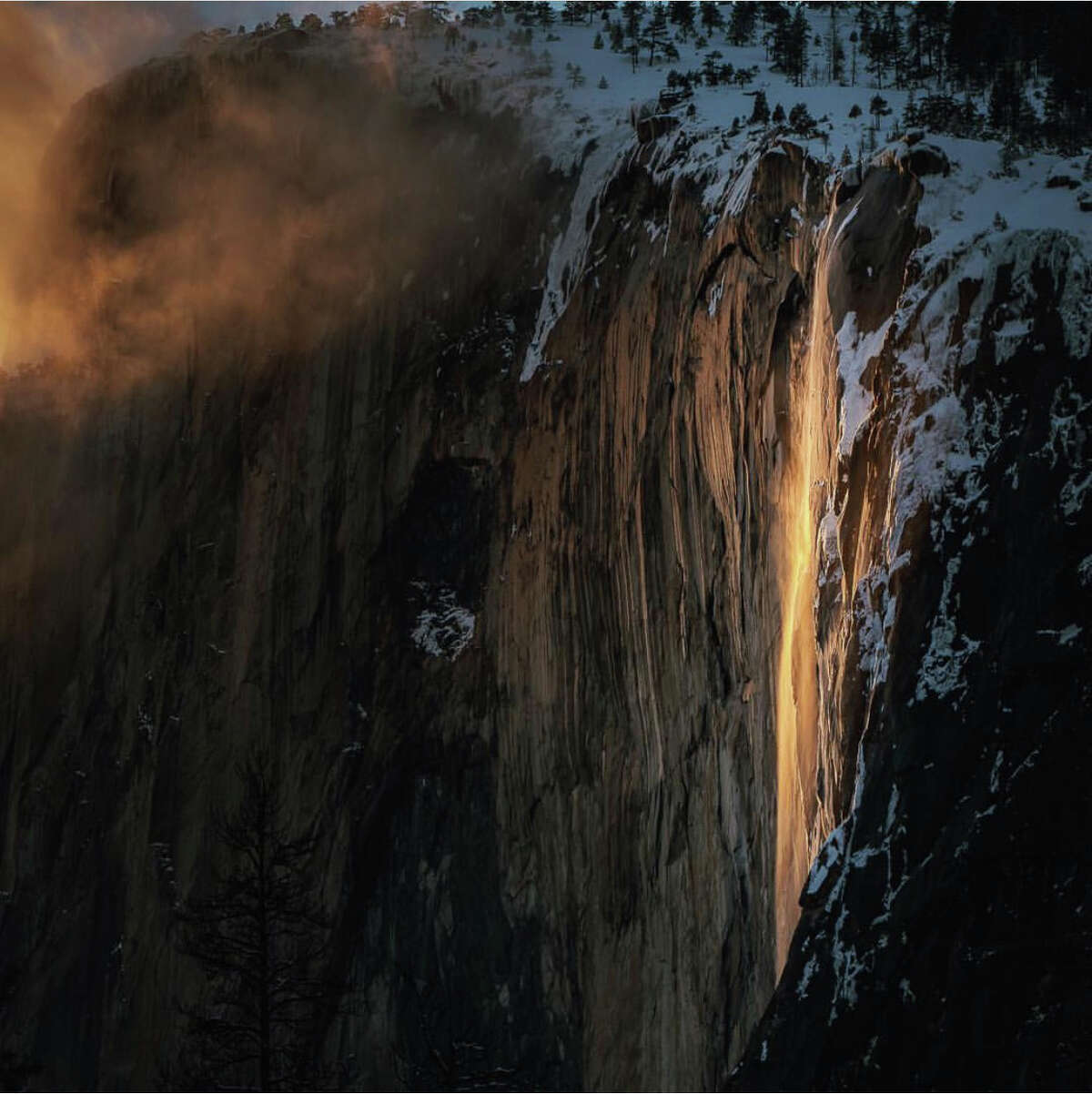 The Horsetail Fall natural phenomenon commonly known as "firefall" in Yosemite National Park captured on Monday, Feb. 18, 2019. The lava-like effect only occurs in mid-late February when the setting sun hits the waterfall at exactly the right angle.