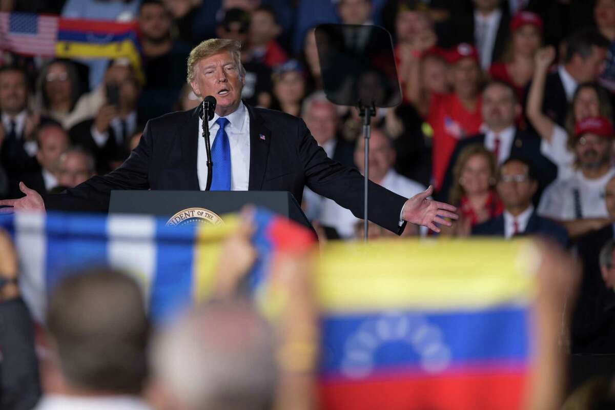 U.S. President Donald Trump speaks during an event with the Venezuelan American community in Miami, Florida, U.S., on Monday, Feb. 18, 2019. Trump called on the Venezuelan military to drop its support for Nicolas Maduro in a speech critical of socialism, previewing attacks he may deploy against Democrats in his re-election campaign.
