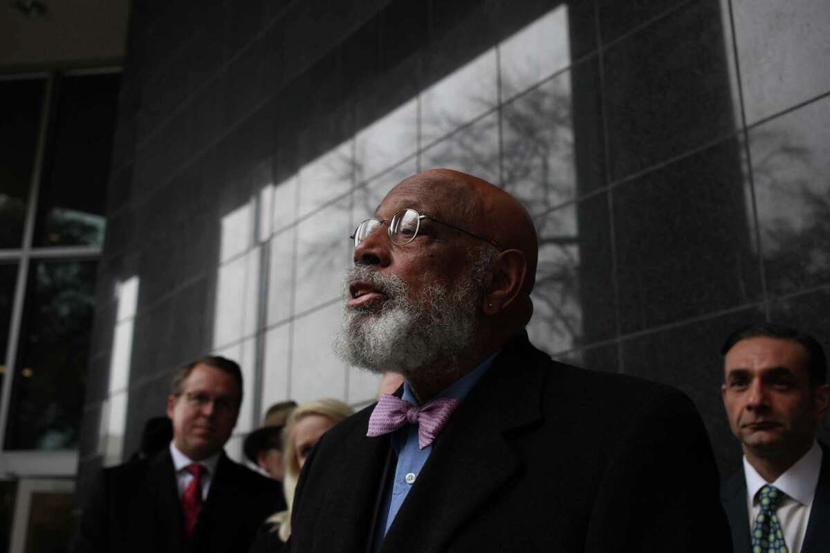 Former U.S. Rep. Craig Washington speaks in support of U.S. District Court Judge Lynn N. Hughes outside the Bob Casey United States Courthouse on Feb. 19, 2019.
