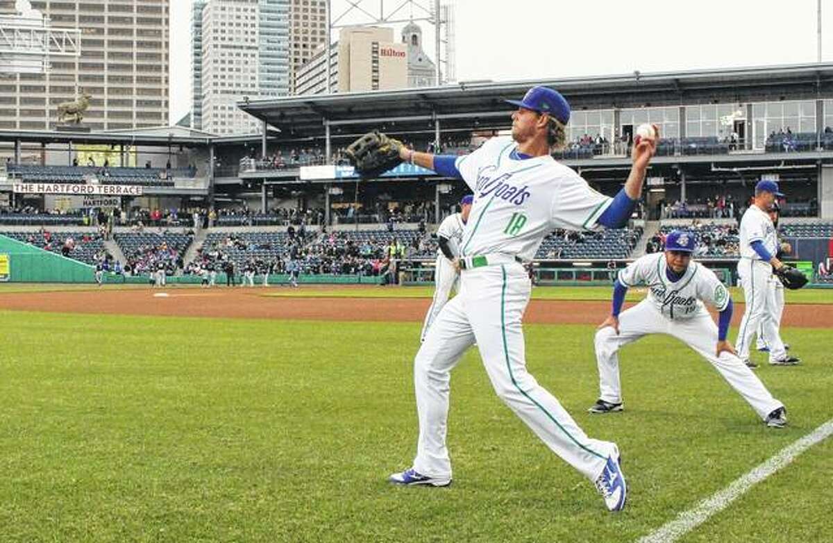 Hartford Yard Goats players warm up in April 2017 before the team’s first ever game in Hartford, Connecticut. The Double-A team is going peanut-free at its 6,000-seat Dunkin’ Donuts Park in 2019 to make the venue safer for people with nut allergies.