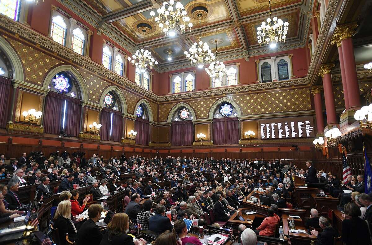 Gov. Ned Lamont delivers his budget address to the General Assembly at the Capitol in Hartford on Feb. 20.