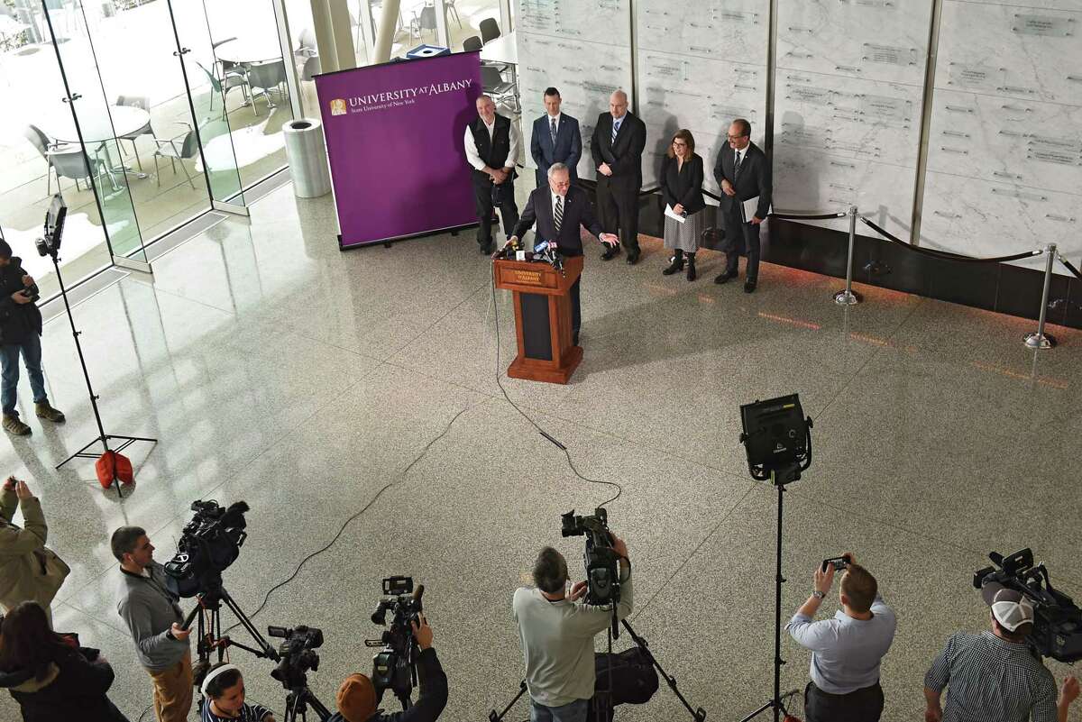 U.S. Senator Charles Schumer holds a press conference at the at the University at Albany?•s Cancer Research Center to announce an intention by the Environmental Protection Agency (EPA) on Wednesday, Feb. 20, 2019 in East Greenbush, N.Y. He said the EPA has finally stated, in writing, their intention to set a Maximum Contaminant Level (MCL) under the Safe Drinking Water Act for highly toxic PFOA/PFOS chemicals that have plagued Hoosick Falls and Petersburgh for years. (Lori Van Buren/Times Union)
