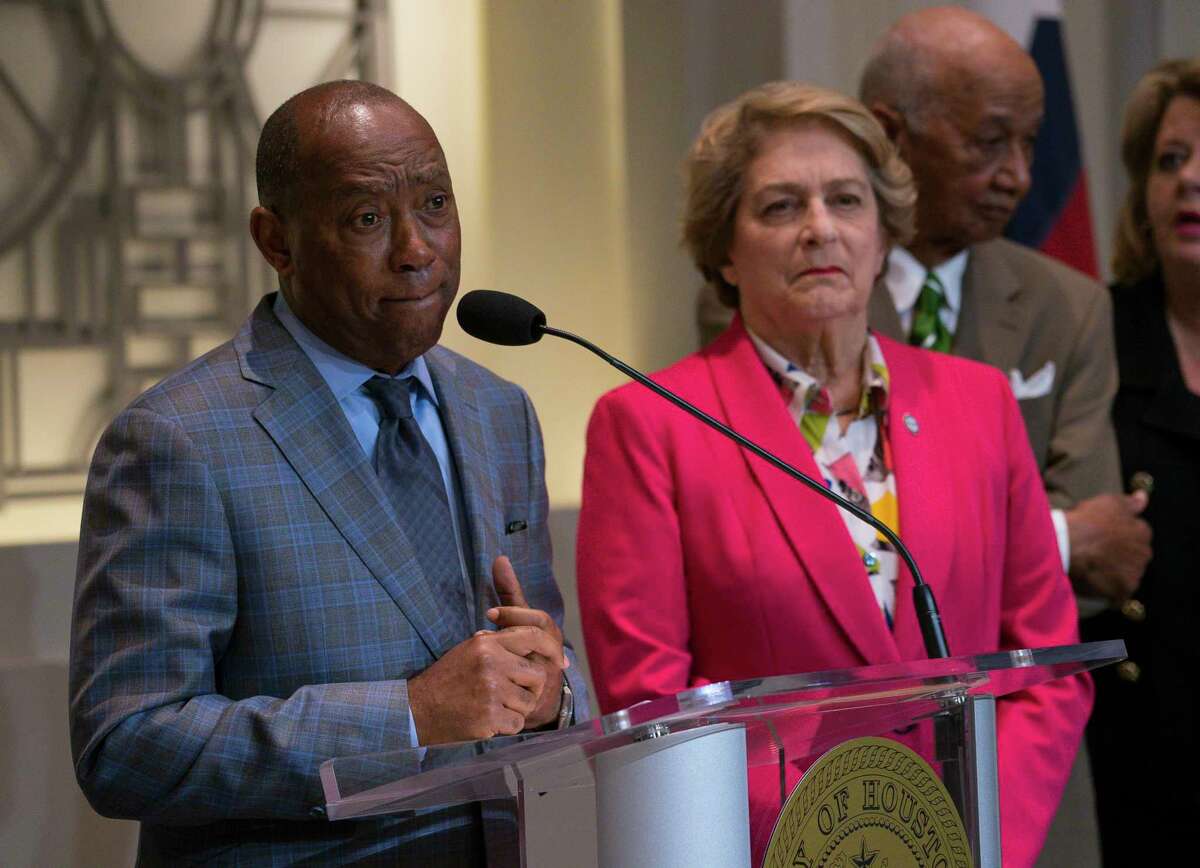 Houston Mayor Sylvester Turner holds a press conference updating the public on ongoing investigations related to the no-knock raid by narcotics officers that killed two people and injured five police officers last month, during a press conference from Houston City Hall, Wednesday, Feb. 20, 2019.