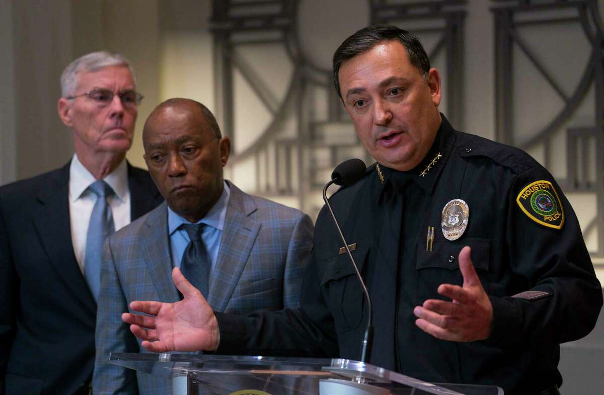As Harris County District Attorney Kim Ogg announces a review of more than 1,400 cases handled by undercover narcotics officer Gerald Goines, Houston Police Chief Art Acevedo joins Houston Mayor Sylvester Turner during a press conference Wednesday, Feb. 20, 2019 to announce the department has halted the use of no-knock raids without special approval. The developments came as fallout continues from a botched narcotics raid on Jan. 28 that left two civilians dead and five officers injured. 