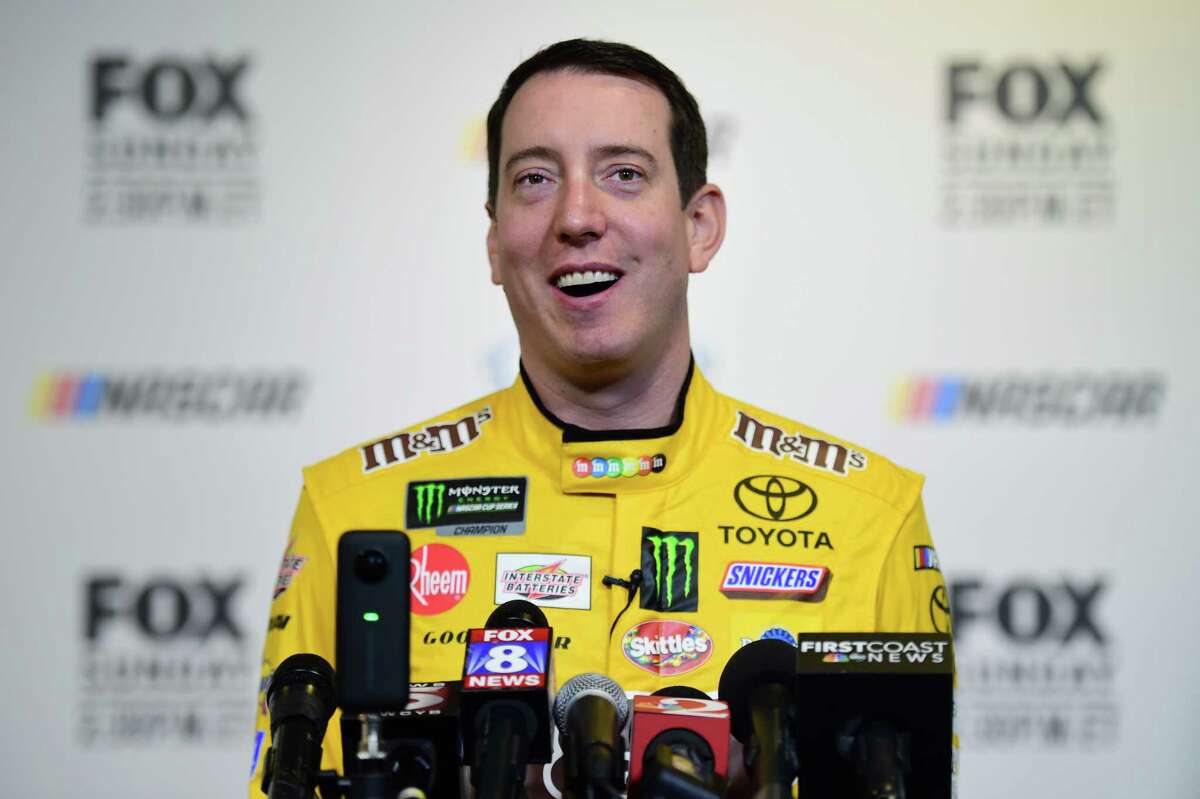 DAYTONA BEACH, FLORIDA - FEBRUARY 13: NASCAR driver Kyle Busch speaks with the media during the Monster Energy NASCAR Cup Series 61st Annual Daytona 500 Media Day at Daytona International Speedway on February 13, 2019 in Daytona Beach, Florida. (Photo by Jared C. Tilton/Getty Images)