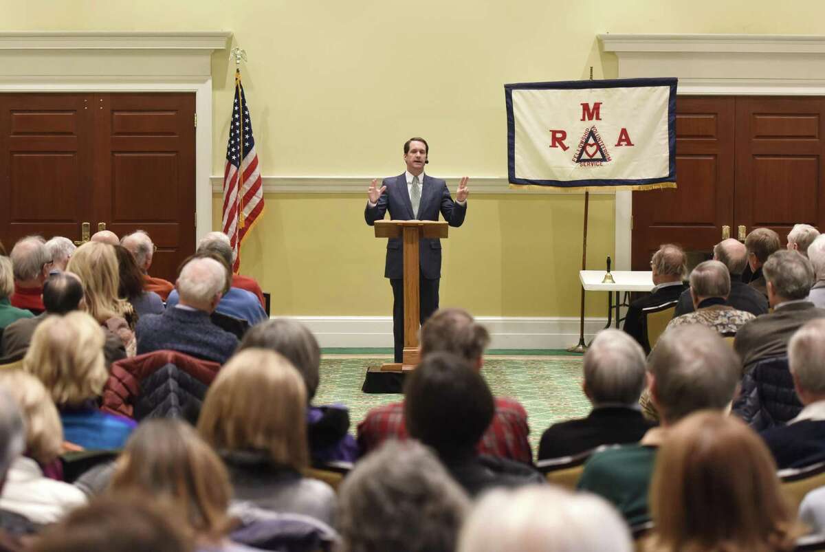 U.S. Rep. Jim Himes, D-Conn., speaks as part of the Greenwich Retired Men's Association's weekly speaker series at First Presbyterian Church in Greenwich, Conn. Wednesday, Feb. 20, 2019. U.S. Rep. Himes gave a report about the political battles in Washington, the Trump administration, and the state of the nation and Connecticut before answering questions from the audience.