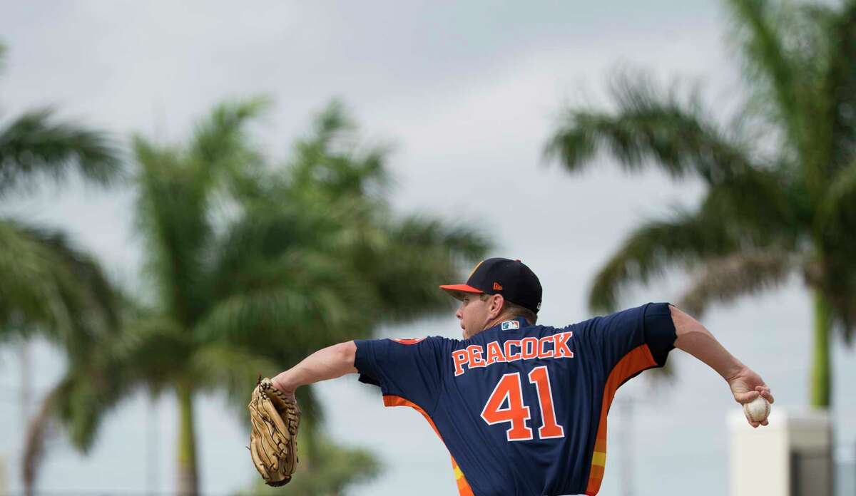 Houston Astros right handed pitcher Brad Peacock (41) pitches during live batting practice at Fitteam Ballpark of The Palm Beaches on Day 7 of spring training on Wednesday, Feb. 20, 2019, in West Palm Beach.