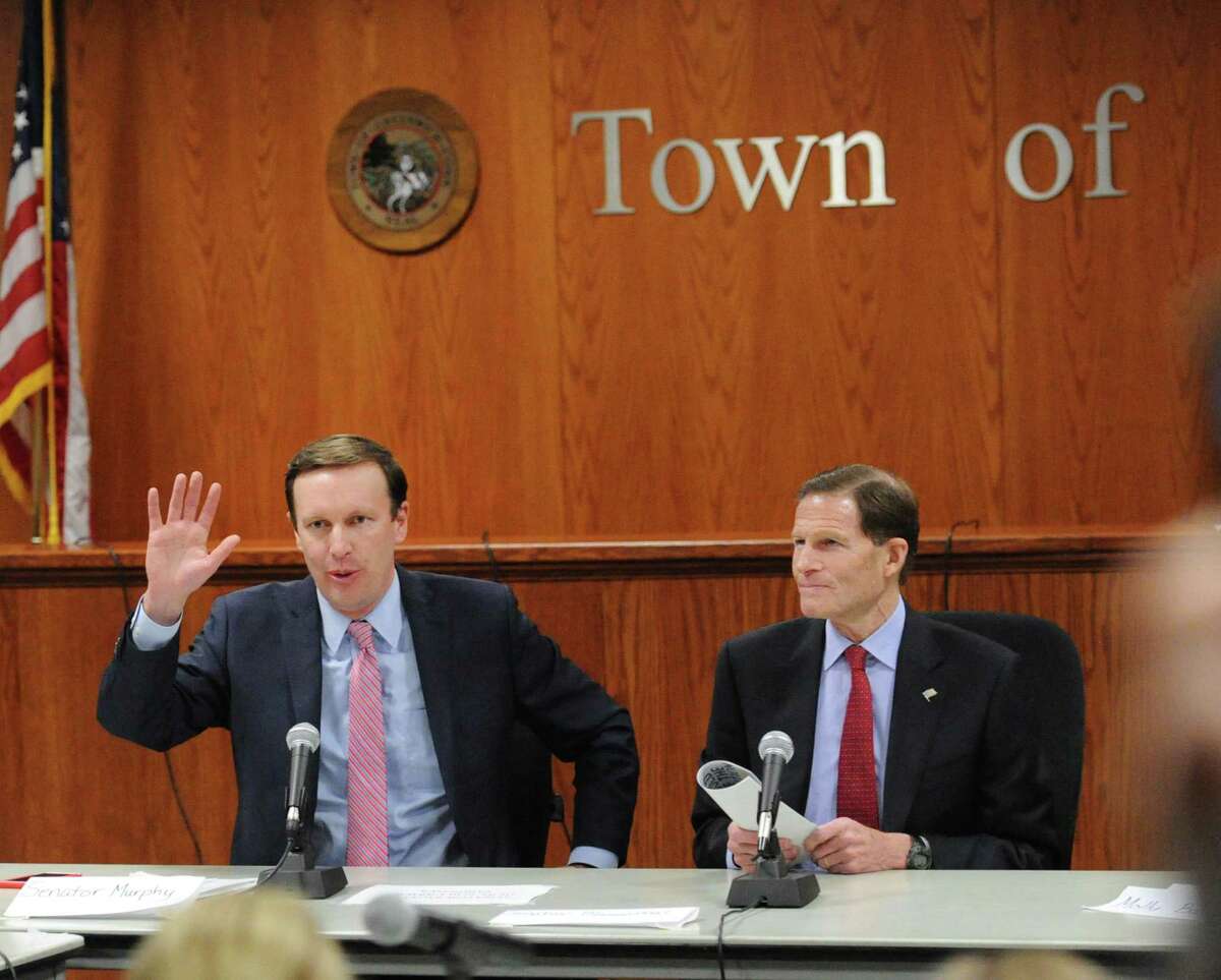 U.S. Senators Chris Murphy and Richard Blumenthal, both of Connecticut, during a March 2018 forum in Greenwich, Conn.