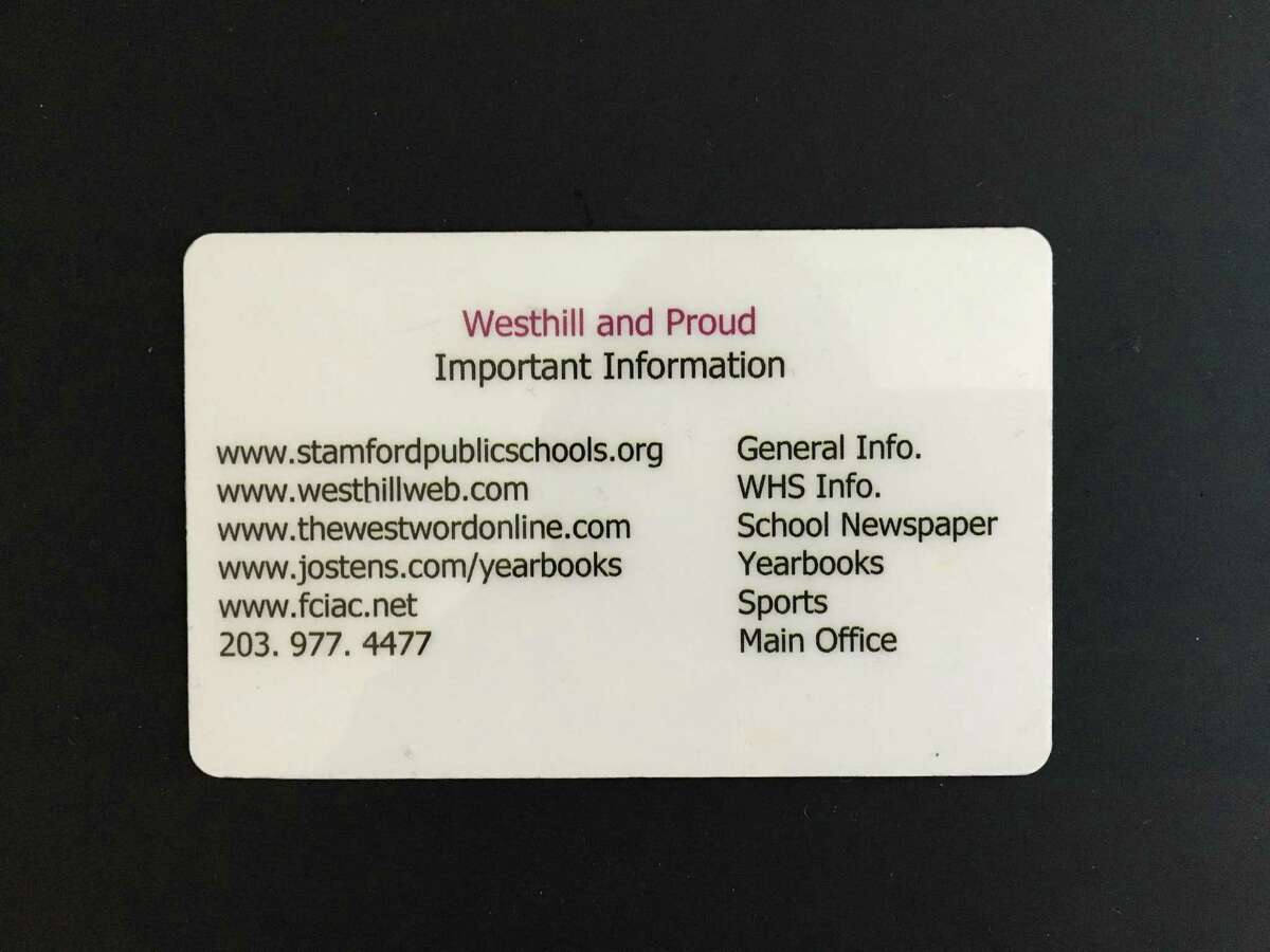 Alyssa Goldberg, a senior at Westhill High School in Stamford, Conn., led an initiative to put the phone number for the National Suicide Prevention Lifeline on the back of student ID cards (pictured here) which already contain other important contacts for students. The change will be implemented for the 2019-2020 school year.