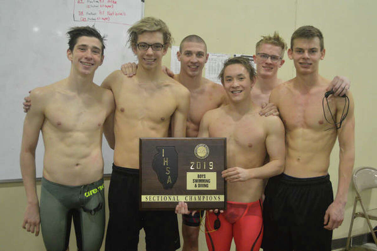 State meet qualifiers from the Edwardville boys’ swim team from last Saturday’s Edwardsville Sectional at Chuck Fruit Aquatic Center are, left to right, Mathiew Doyle, Logan Mills, Porter LeVasseur, Noah May, McLain Oertle and Matt Mendez. Diver Owen Kaufmann is not pictured.