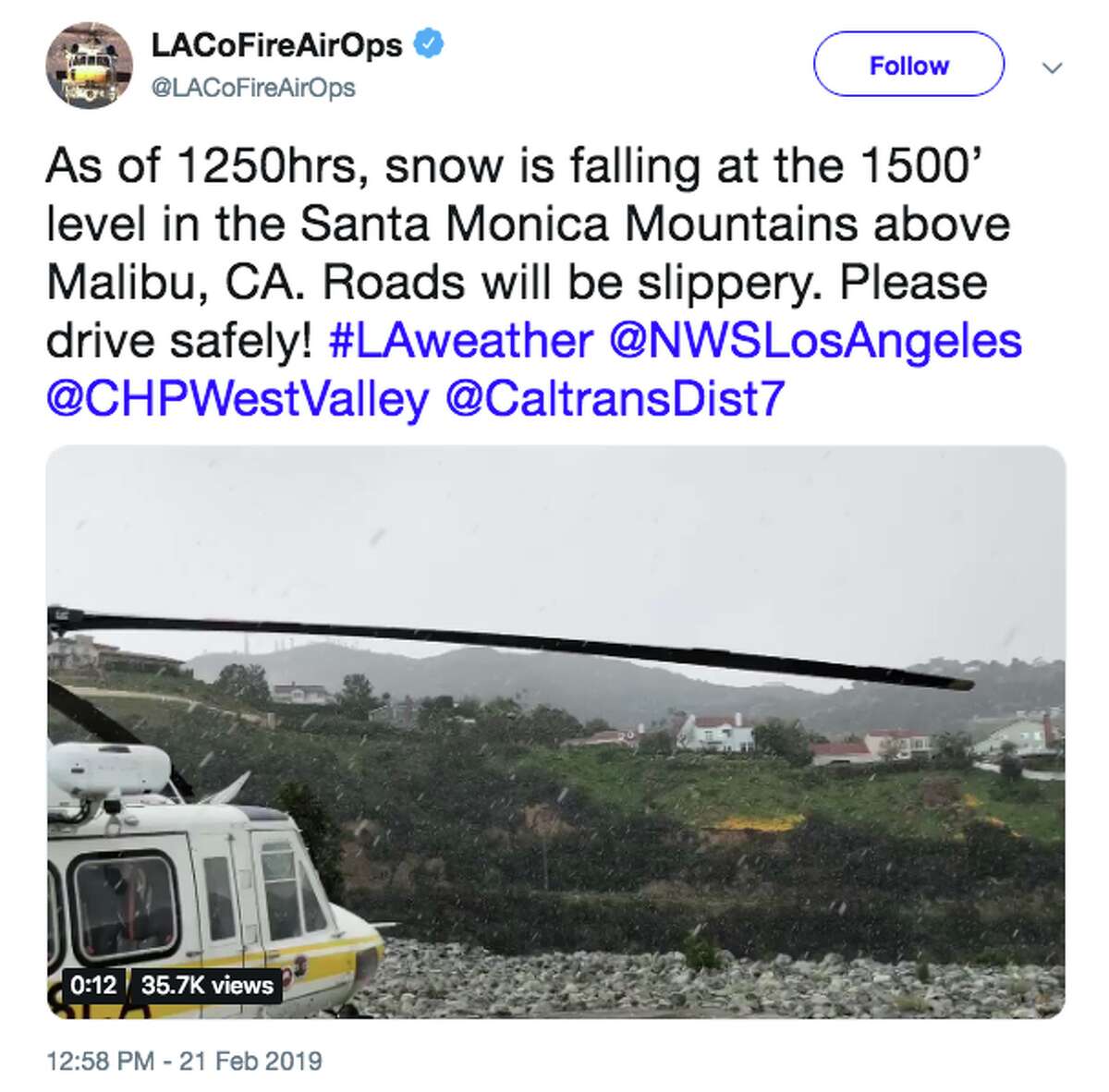 Rare snow falls in Malibu, only miles from the beach