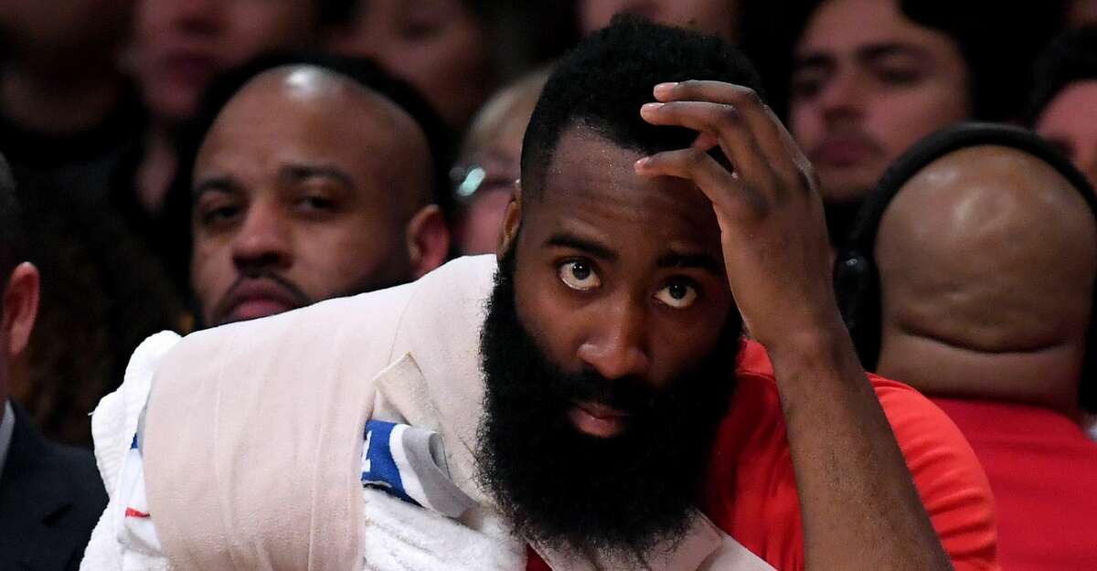 LOS ANGELES, CALIFORNIA - FEBRUARY 21: James Harden #13 of the Houston Rockets reacts on the bench with three fouls during the first quarter in a 111-106 loss to the Los Angeles Lakers at Staples Center on February 21, 2019 in Los Angeles, California. (Photo by Harry How/Getty Images)