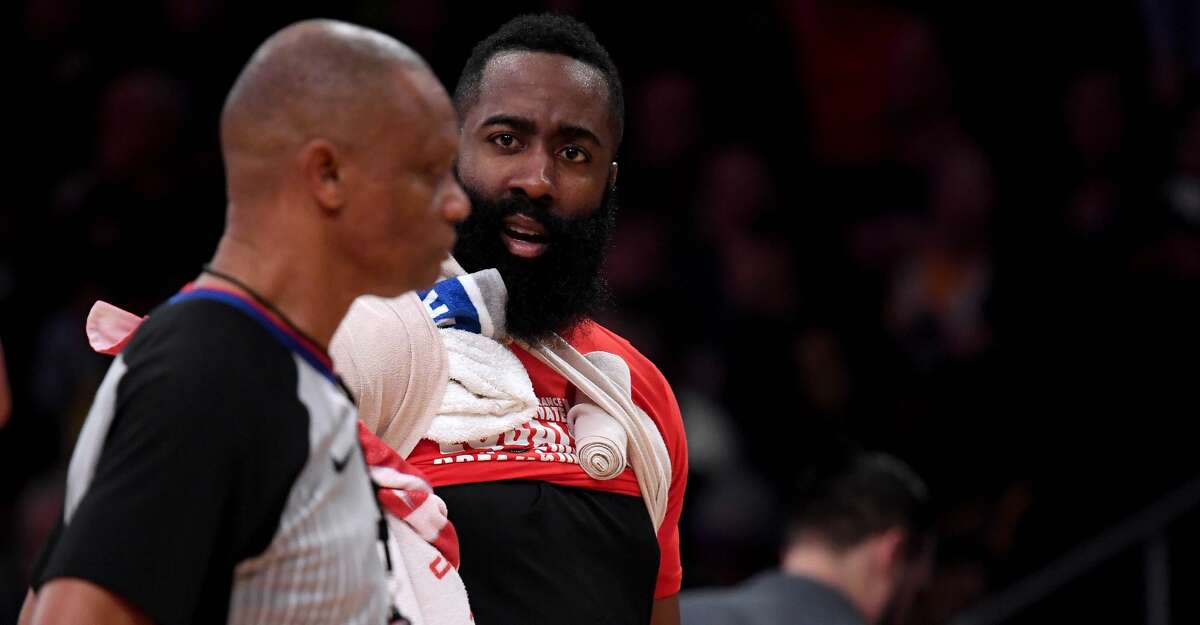 LOS ANGELES, CALIFORNIA - FEBRUARY 21: James Harden #13 of the Houston Rockets argues with referee Michael Smith #38 after getting three fouls during the first quarter in a 111-106 loss to the Los Angeles Lakers at Staples Center on February 21, 2019 in Los Angeles, California. (Photo by Harry How/Getty Images)