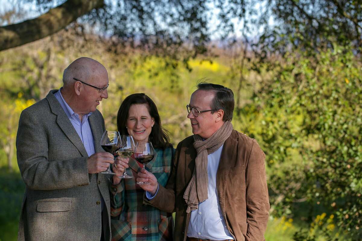 Ken Coopersmith, left toasts wife Merry Edwards and French Champagne company Louis Roederer’s President, Frederic Rouzaud after purchasing the iconic Sonoma County winery, Merry Edwards Winery, Thursday February 21, 2019, in Sebastopol, Calif.
