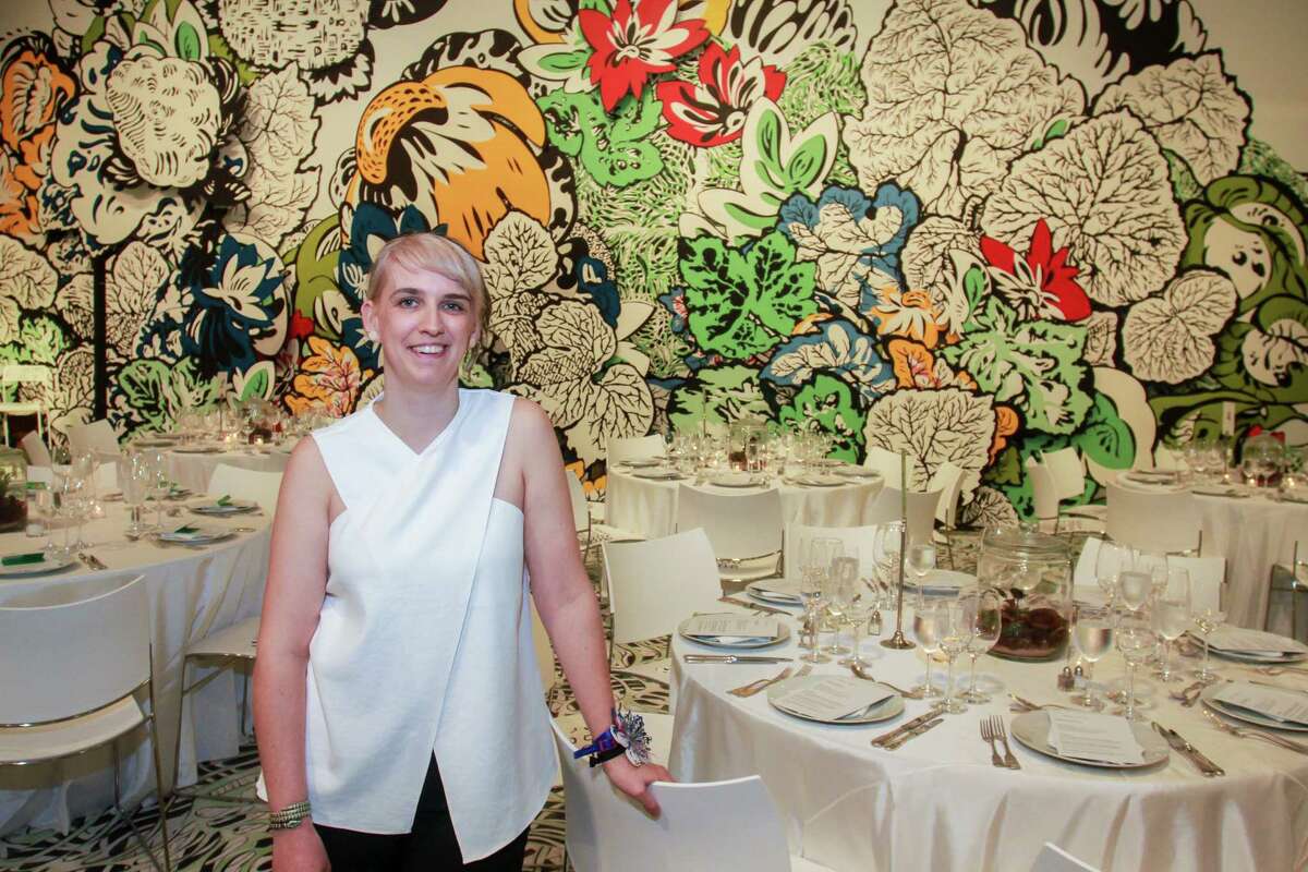 Artist Natasha Bowdoin with her art installation at Moody Center for the Arts' first-ever dinner at Rice University.