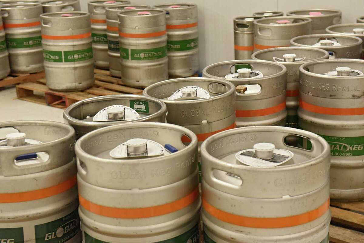 Kegs are seen in a giant cooler room as Congressman Paul Tonko takes a tour of the Frog Alley Brewing at the Mill Artisan District construction project on Friday, Feb. 22, 2019 in Schenectady, N.Y. (Lori Van Buren/Times Union)