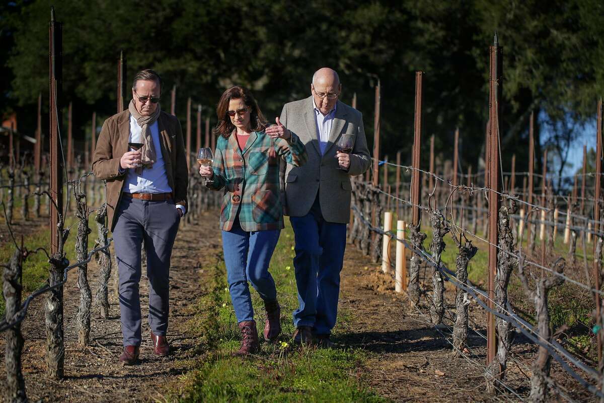 French Champagne company Louis Roederer’s President, Frederic Rouzaud walks with Merry Edwards and husband Ken Coopersmith through the Pinot Noir vineyard at the Merry Edwards Winery, Thursday February 21, 2019, in Sebastopol, Calif.