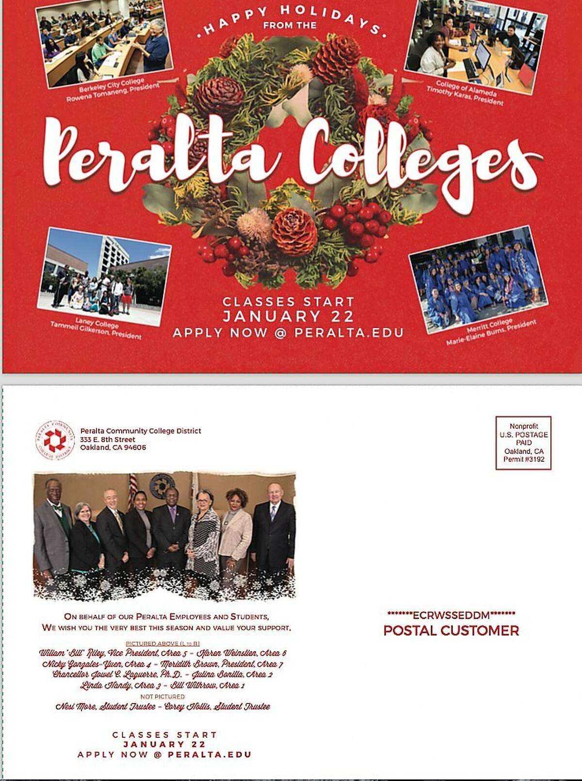 A state ethics commission fined the Peralta Community College District $2,000 for spending taxpayer money to send thousands of these holiday cards with images of the trustees and Chancellor Jowel Laguerre in 2017.