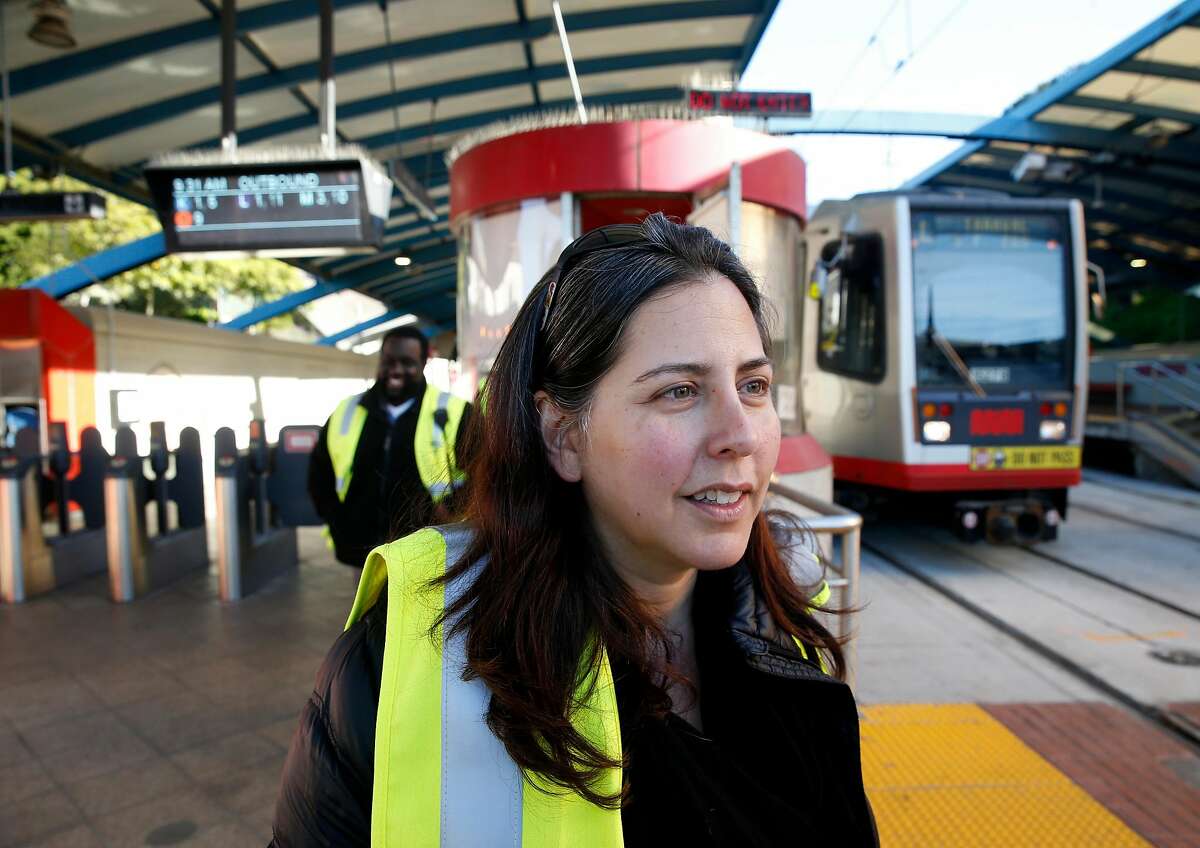Julie Kirschbaum, the acting director of Muni, visits the West Portal transit station in San Francisco, Calif. on Friday, Feb. 22, 2019. Traffic officers have been assigned to the intersection of West Portal Avenue and Ulloa Street for the past few weeks to control the often congested flow of cars, trucks, buses and streetcars.