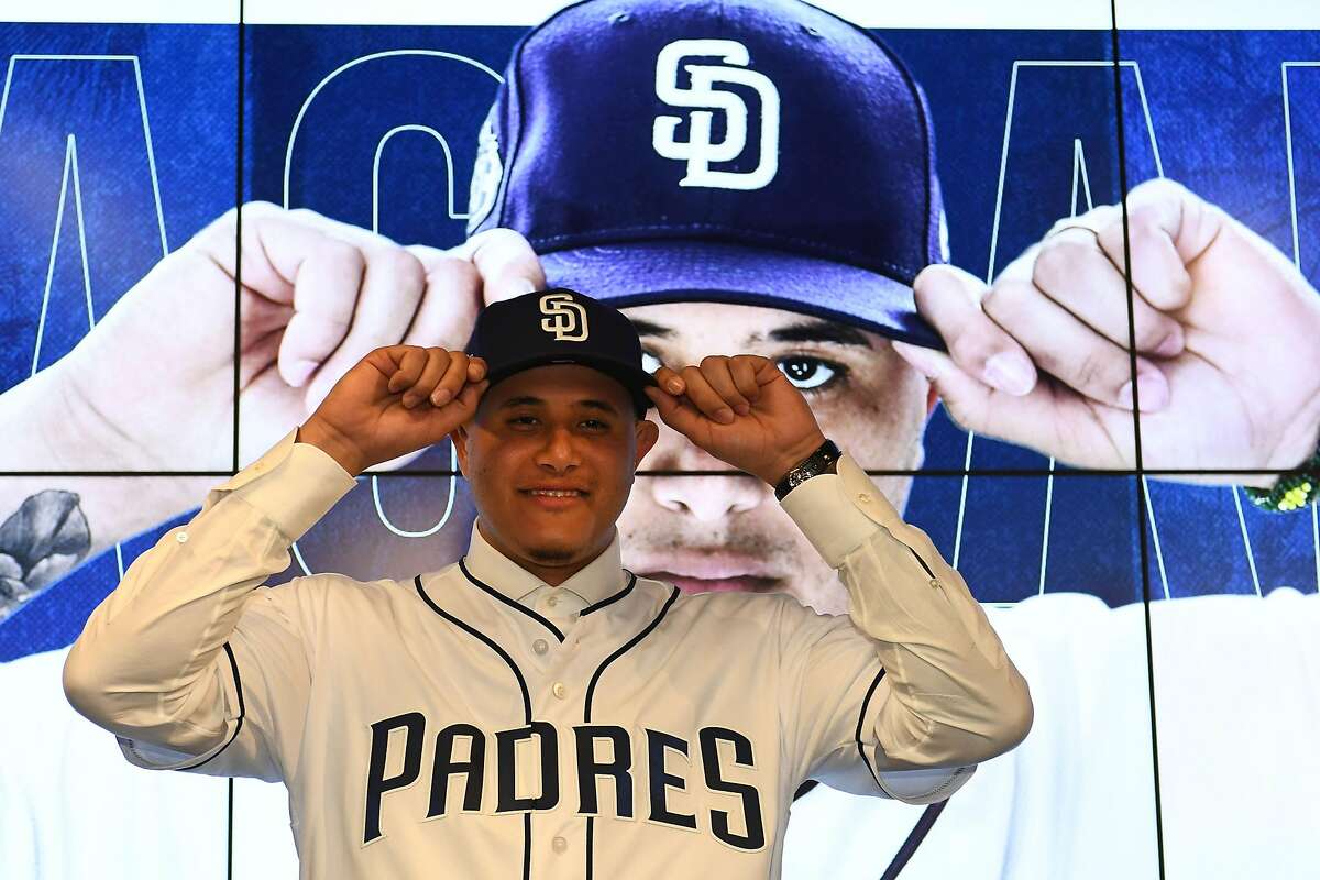 PEORIA, ARIZONA - FEBRUARY 22: Manny Machado #8 of the San Diego Padres poses for a photo during a press conference at Peoria Stadium on February 22, 2019 in Peoria, Arizona. (Photo by Jennifer Stewart/Getty Images)