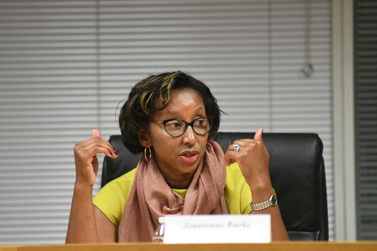 Board of Education member Jennienne Burke (pictured here at a 2016 forum) was one of three board members who abstained from voting on the 2019-2020 school budget at a board meeting in Stamford, Conn. on Feb. 14, 2019.