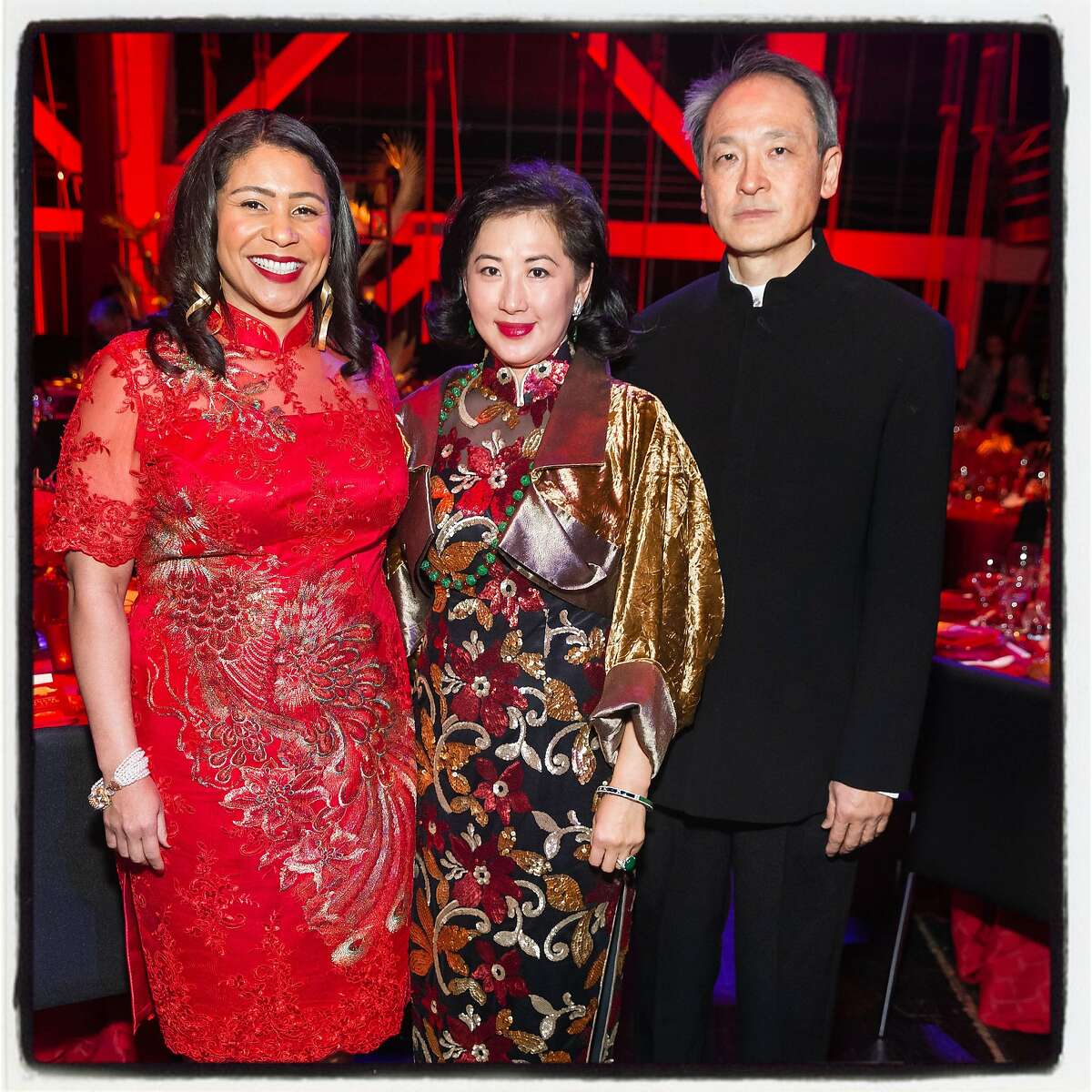 Mayor London Breed (left) with SFS Chinese New Year Gala cochairs Gorretti and Lawrence Lui. Feb. 16, 2019.