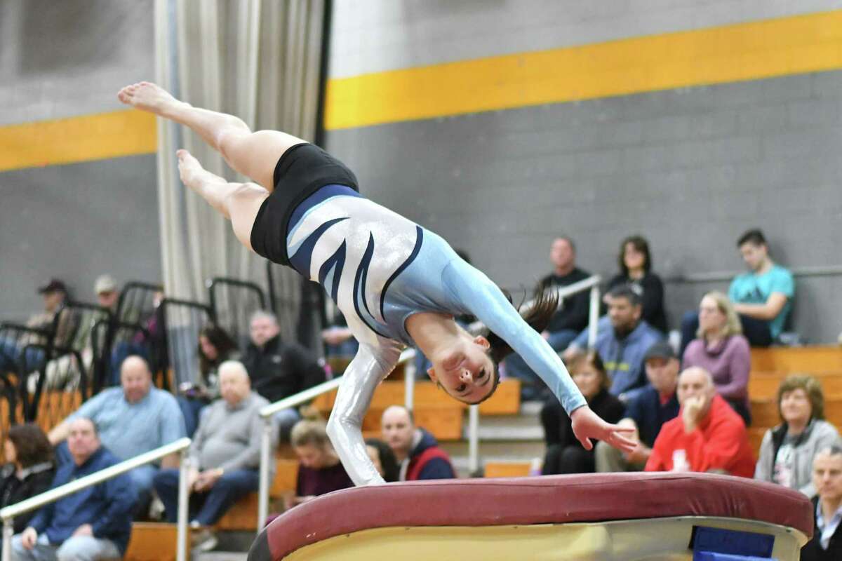Jessica Olin of the Wilton Warriors competes on the Vault during the CIAC Class M Gymnastics Championships on Saturday February 23, 2019 at Jonathan Law High School in Milford, Connecticut.