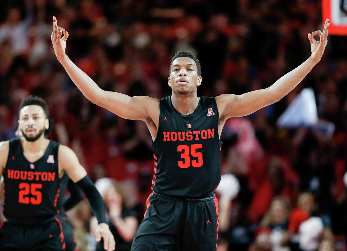 Houston Cougars forward Fabian White Jr. (35) reacts after a Cougars' three point basket during the first half of an NCAA college basketball game against South Florida, Saturday, Feb. 23, 2019, in Houston.