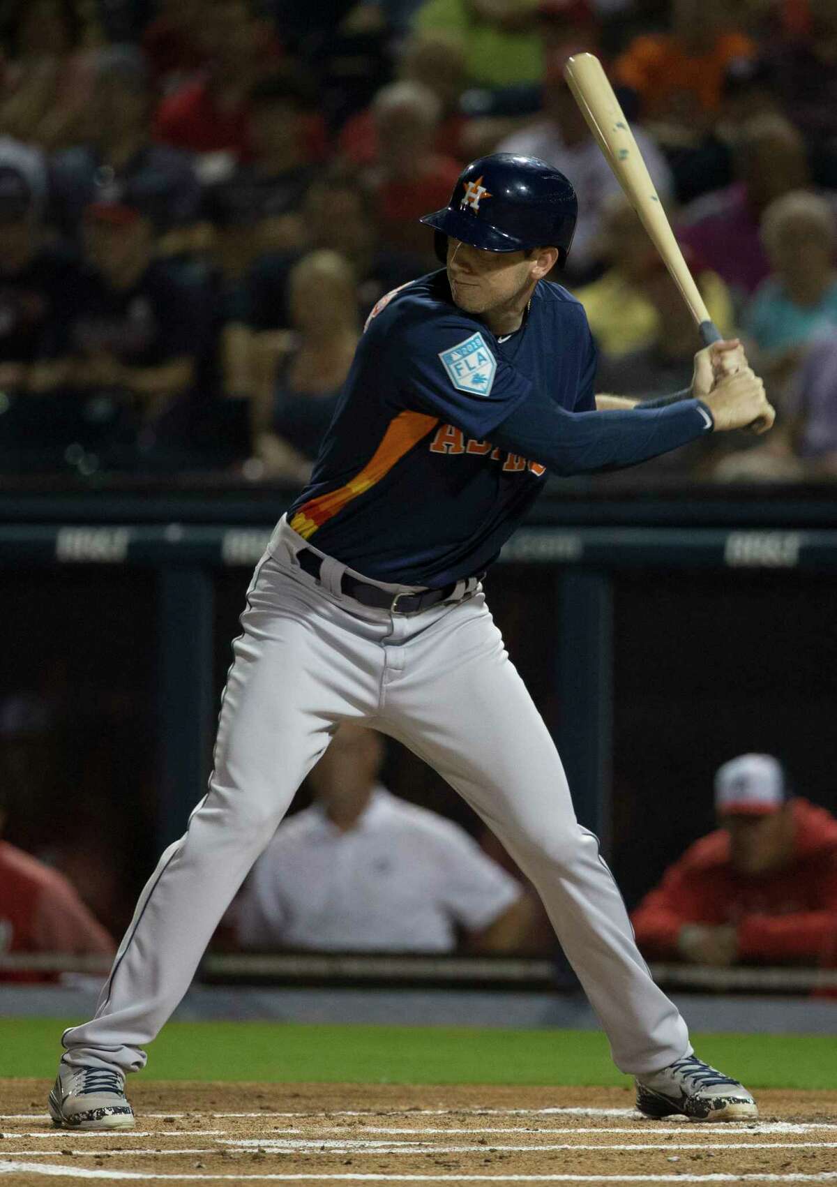 Houston Astros outfielder Kyle Tucker (3) at bat during the top first inning of the Houston Astros-Washington Nationals spring training opening game at Fitteam Ballpark of The Palm Beaches on Saturday, Feb. 23, 2019, in West Palm Beach.