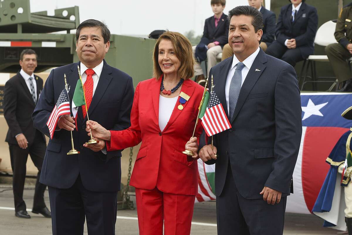 Commissioner of the National Institute of Migration Dr. Tonatiuh Guillén López, U.S. Speaker of the House Nancy Pelosi and Governor of the Mexican state of Tamaulipas Honorable Mr. Francisco Garcia Cabeza De Vaca meet at the middle of Juarez-Lincoln International Bridge on Saturday, Feb. 23, 2019, during the WBCA International Good Neighbor Council International Bridge Ceremony sponsored by La Posada Hotel.