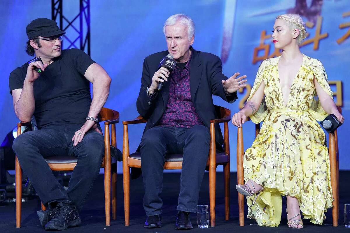 “Alita: Battle Angel” director Robert Rodriguez, producer James Cameron and actor Rosa Salazar at a Feb. 18 press conference in Beijing, China. The film shot in Austin and Dallas for about four months ending in 2017.
